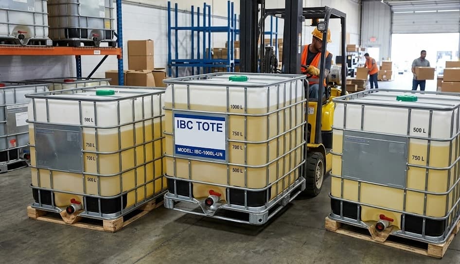IBC totes being loaded by forklift at warehouse