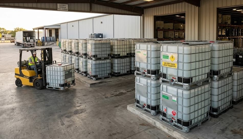 Forklift moving IBC totes at Ohio IBC facility
